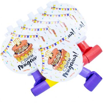 Язычок-гудок «С Днем Рождения, Торт праздничный», 6 шт.