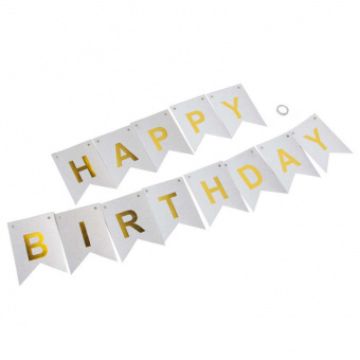 Гирлянда-вымпел «Happy Birthday. Золото на серебре, с блестками», 17*12 см, 3,5 м