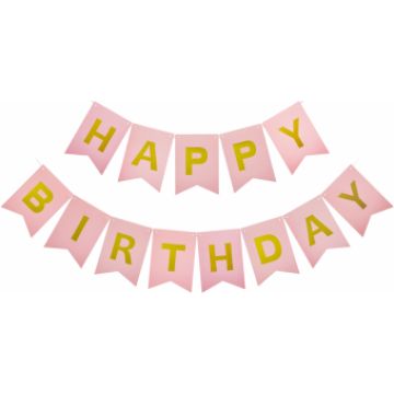 Гирлянда-вымпел «Happy Birthday. Золото на розовом», 16*12 см, 0,5 м
