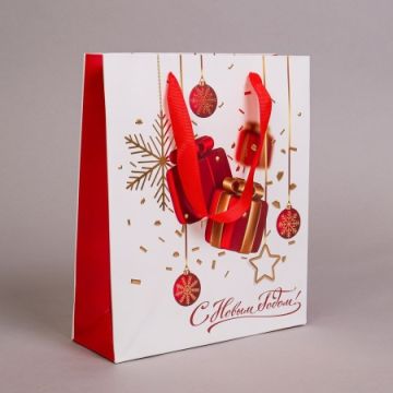 Пакет подарочный «С НОВЫМ ГОДОМ, ЁЛОЧНЫЕ ИГРУШКИ, ПОДАРКИ» Глиттер, фольга, 23*27*8 см