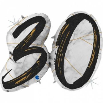 Шар-цифра, фольга, Черный мрамор, «Цифра 30», 109 см.
